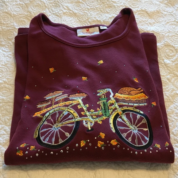 RARE QF maroon 3/4 sleeved top with embroidered fall bicycle scene (XL) - Picture 1 of 16